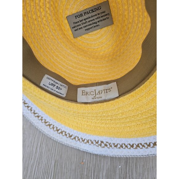 Eric Javits Yellow White Raffia Straw Wicker Sun Hat Wide Brim Beach UPF 50 OS - Picture 5 of 8
